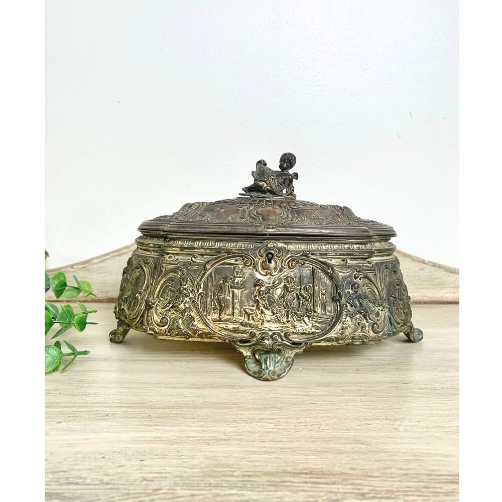 Antique French AB Paris Jewelry Casket Blue Silk Cherub Trinket Box Old World